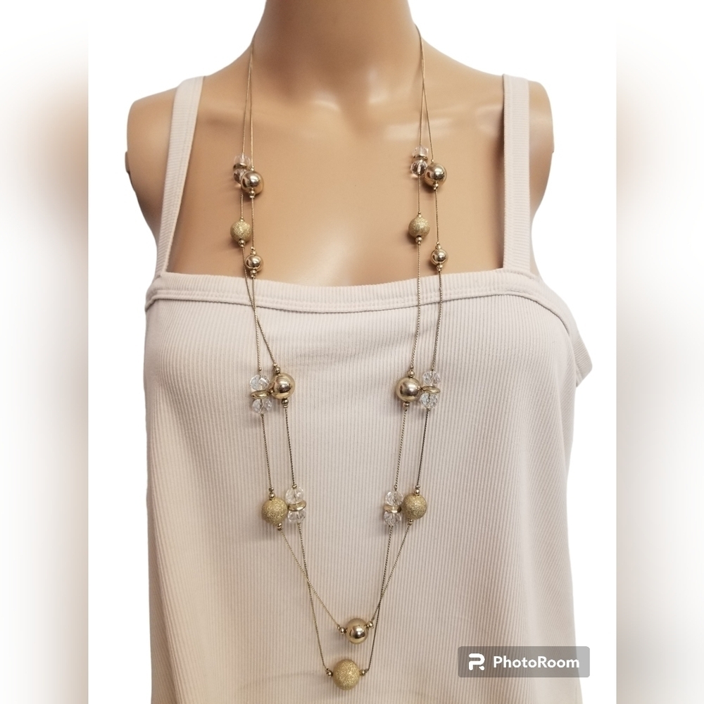 LANI  LAYERED GOLDTONED CABLE NECKLACE WITH GLASS CRYSTAL & SHIMMERY GOLD BEADS